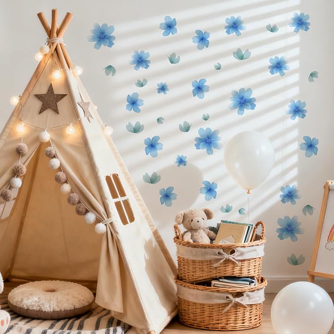 Flower Wall Decals - Peel and Stick Floral Flowers Wall Stickers,Removable Blue Flower Home Decor Art for Kids Living Room, Bedroom, Nursery Decor Wall Corner Decoration (Blue Flower Wall Decals) - Image 3