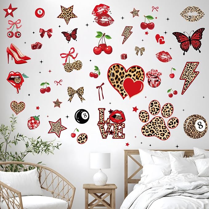Wxiben Red and Leopard Room Decor - 200 Pcs Cheetah Print Wall Decals, Cherry Cheetah Stickers, Coquete Peel and Stick Wall Decals for Home Bedroom Living Room Apartment Dorm - Image 4