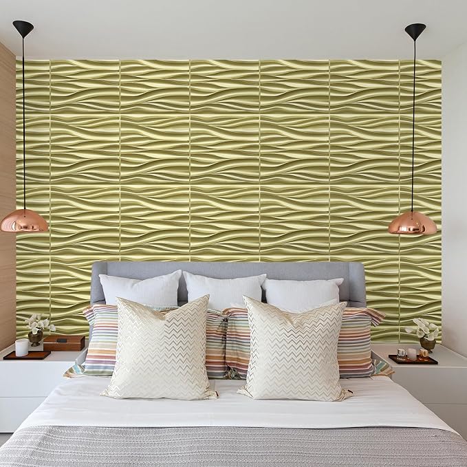 STICKGOO 3D Wall Panels, Champaign Gold Wave Design, 19.7''x19.7'' | PVC Accent Wall Panels for Interior Wall Decor, Living Room, Lobby Bedroom Hotel Office, Pack of 12 - Image 4