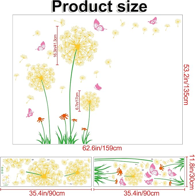 Removable 3D Dandelion Wall Decals Flowers and Flying Butterfly Wall Stickers Murals Self-adhesive Peel and Stick Falling Dandelions Decor for Girls Bedroom Living Room Nursery Baby Children's - Image 2