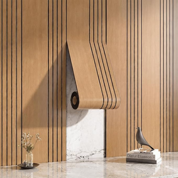 Geelin Peel and Stick Wood Slat Wall Panels for Interior 15.7" x 118" Self Adhesive PVC Thick Faux Oak Wood Grain Wallpaper 3D Soundproof Acoustic Wall Panels for Walls & Ceilings by Geelin