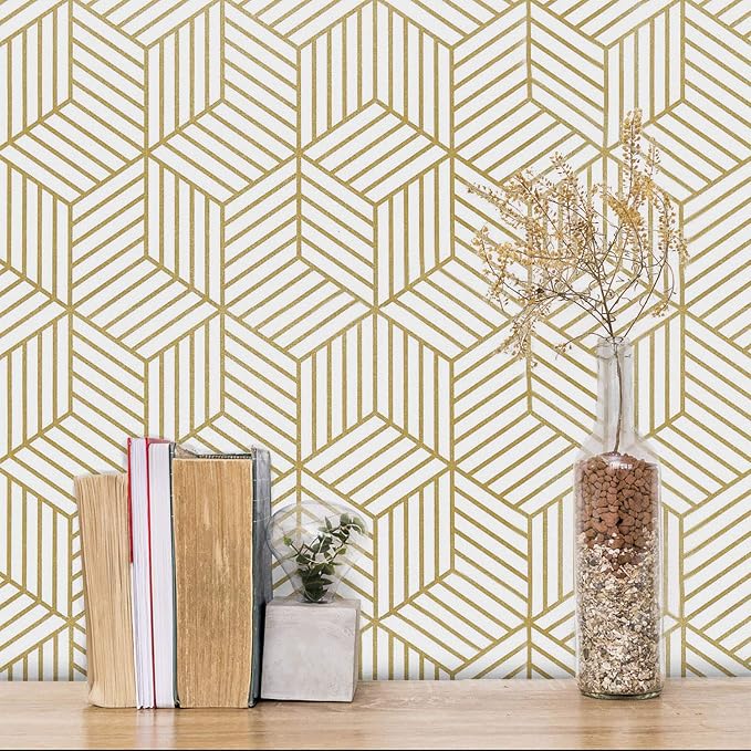 MelunMer Geometric Contact Paper Peel and Stick Wallpaper Gold 17.7”×118” | Self Adhesive, Removable Wallpaper for Bedroom/Bathroom Waterproof, Modern Contact Paper for Cabinets Liner Easy to Install by MelunMer