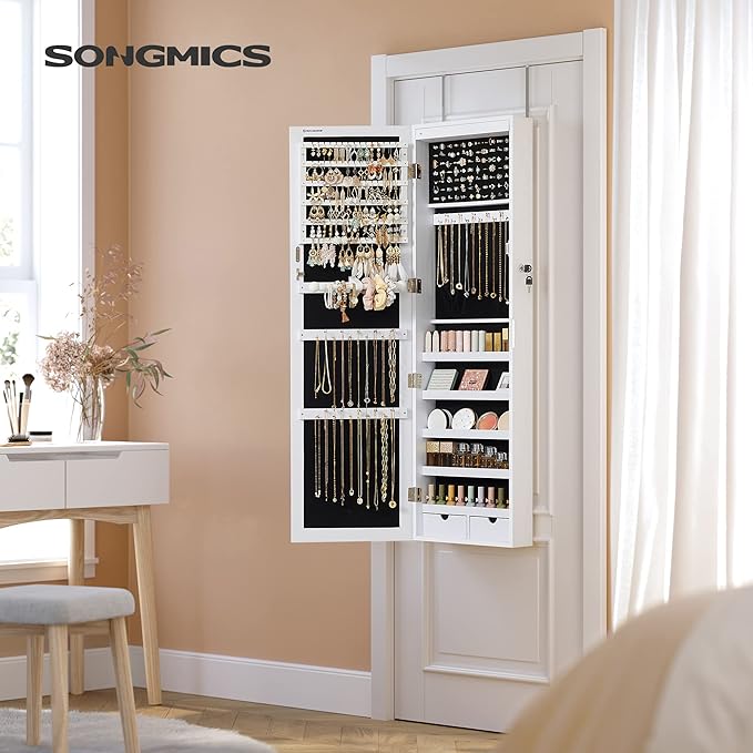 SONGMICS 6 LEDs Mirror Jewelry Cabinet, 47.2-Inch Tall Lockable Wall or Door Mounted Jewelry Armoire Organizer with Mirror, 2 Drawers, 3.9 x 14.6 x 47.2 Inches, White UJJC93W - Image 2