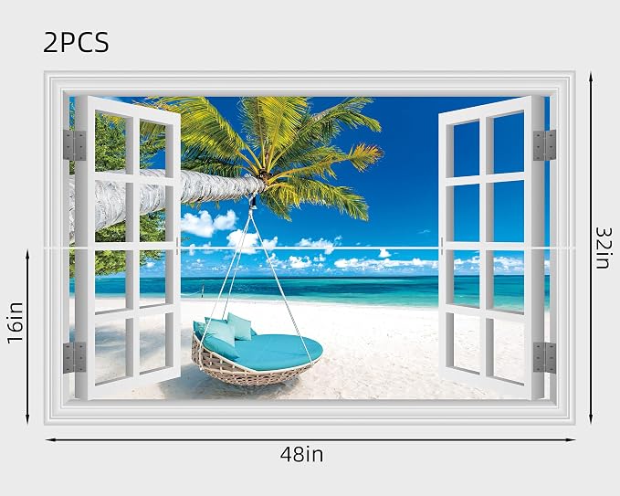 FLFK Fake Window Wall Decal, Tropical Beach Paradise with Turquoise Ocean, White Frame, Peel and Stick, 48 x 32 Inches,for Living Rooms, bedrooms, and Offices - Image 2