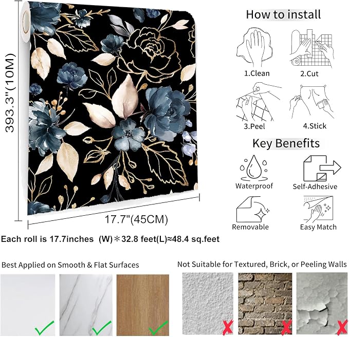 Black Gold Floral Peel and Stick Wallpaper 17.7"x393.3" | Removable thick vinyl, dark botanical design with navy blue flowers, bedroom, bathroom, renter friendly accent walls - Image 4