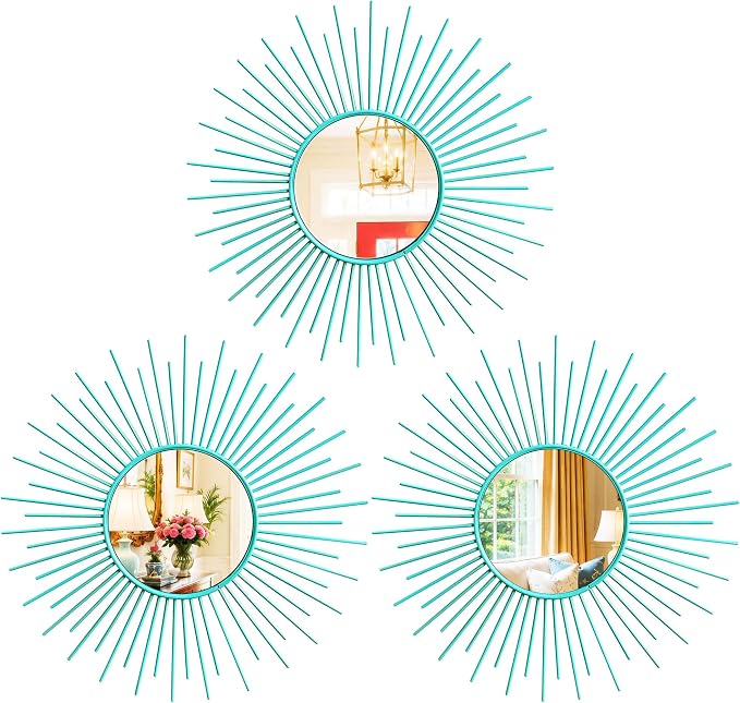 3 Pack Metal Mirrors for Wall Sunburst Wall Mirrors Home Décor Decorative Hanging Wall Art for Living Room Bedroom Entryway (Greenish Blue, Sunburst) by Uaussi