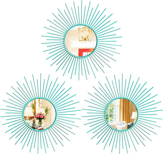 3 Pack Metal Mirrors for Wall Sunburst Wall Mirrors Home Décor Decorative Hanging Wall Art for Living Room Bedroom Entryway (Greenish Blue, Sunburst) by Uaussi