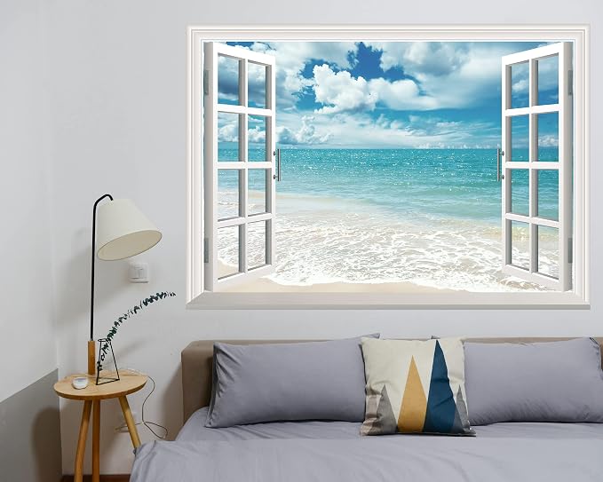 FLFK Fake Window Wall Sticker - Summer Beach Faux Window Wall Mural for Wall Decor, Stick and Peel Wall Decals,80"x60",Set of 5 Sheets - Image 7