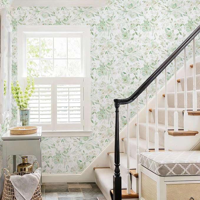 Ismoon Green Floral Peel Stick Wallpaper Boho Stick on Wallpaper | Watercolor Contact Paper for Cabinet Removable Self Adhesive Vinyl Wallpaper for Girl Bedroom Accent Wall Decor 17.3x196in - Image 5