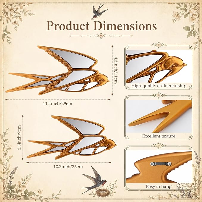 Fumete 2 Pcs Wild Goose Mirror Wall Decor Vintage Gold Resin Insect Art Decorative Wall Mirror Retro Hanging Bug Animal Glass Mirrors Garden Nature Gift for Summer Wedding Home Accent Housewarming - Image 2