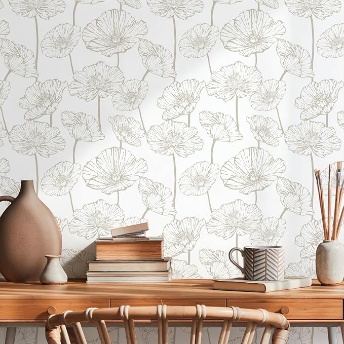 Orainege Beige and White Floral Wallpaper Modern Peel and Stick Wallpaper | 17.3inx196.8in Self Adhesive Contact Paper Decorative Wallpapers for Bedroom Bathroom Decor Vinyl Removable - Image 2