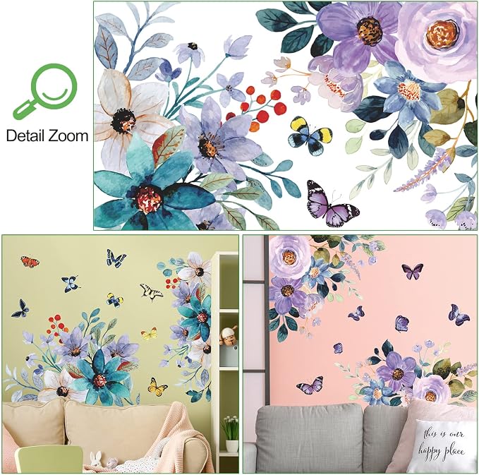 LiveGalleryWatercolor Blue Purple Flowers Wall Stickers Color Painting Rose Wall Decals DIY Vinyl Peel and Stick Butterflies Flora Mural for Girls Bedroom Living Room TV Sofa Backdrop Home Decoration - Image 3
