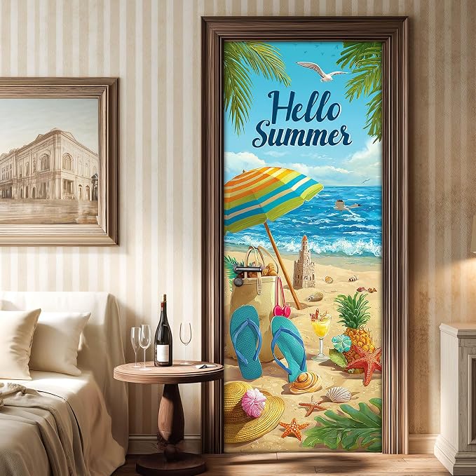 HOMETITUTE Summer Wave Umbrella Beach Path Peel Stick Door 30.3x78.7 PVC | Wall Cover Poster Decals Removable Wallpaper Self Adhesive Livingroom Bedroom - Hello Summer - Image 6