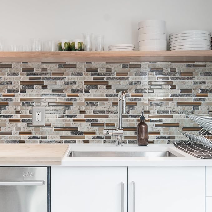 Art3d Linear Design Tile Peel and Stick Backsplash, 10-Sheet, Sandstone | 12 x 12 Inch, Enhanced Thickness, Warp Resistant, Strong Adhesion, Sturdy, for Kitchen, Bedroom, Ideal for Home Improvement - Image 2
