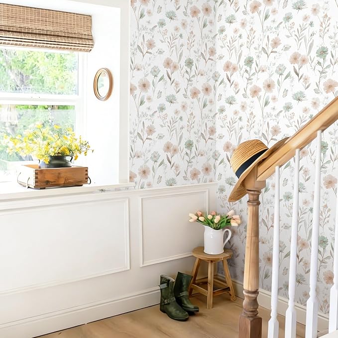 Ismoon Floral Peel and Stick Wallpaper Boho Wallpaper 17.3in x 6.56ft Pink and Green Contact Paper Watercolor Flower Removable Wall Paper for Bedroom Nursery Kitchen Girls Room Vinyl - Image 5