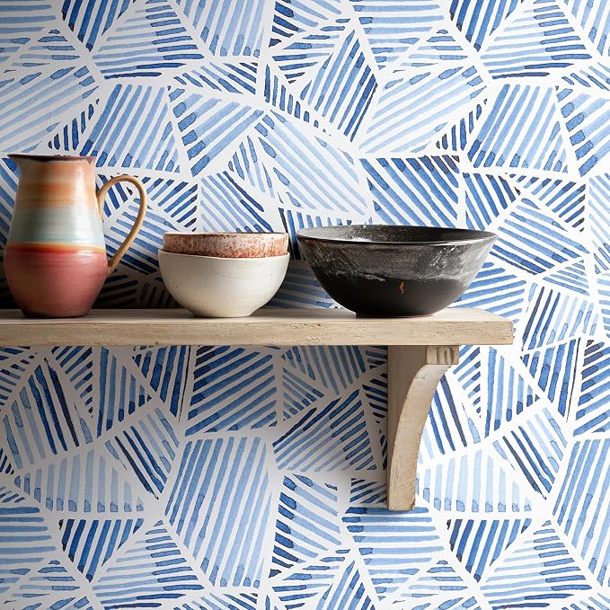 RUSPEPA Blue Geometric Peel and Stick Wallpaper, Watercolor Abstract Brushstroke Pattern, Self-Adhesive Waterproof Contact Paper for Home, Bedroom, Cabinet, Accent Wall Decor, 17.3 Inch x 6.5 Feet by RUSPEPA