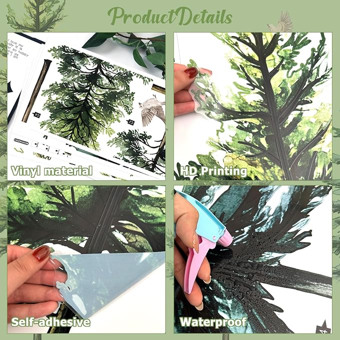 Lilac 46" Large Green Pine Tree Wall Decal 4 Sheets Peel and Stick Decor | Trees Birds Wall Stickers Self-adhesive Clings for Living Room Bedroom Classroom Nursery (Green Pine, 11.8 * 35.4inch) - Image 6