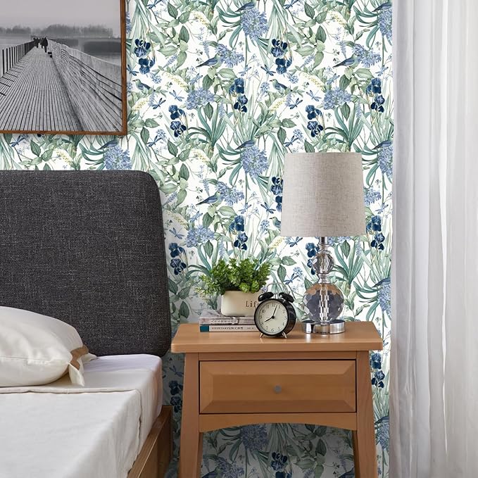 Floral Wallpaper Peel and Stick Flower Bird Blue Vinyl 17in x 393in | Flower Contact Paper Vintage Floral Wallpaper Boho Self Adhesive Waterproof Wall Paper Botanical Removable Decorative Vinyl - Image 6
