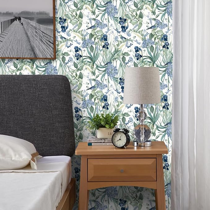 Floral Wallpaper Peel and Stick Flower Bird Blue Vinyl 17in x 197in | Flower Contact Paper Vintage Floral Wallpaper Boho Self Adhesive Waterproof Wall Paper Botanical Removable Decorative Vinyl - Image 6