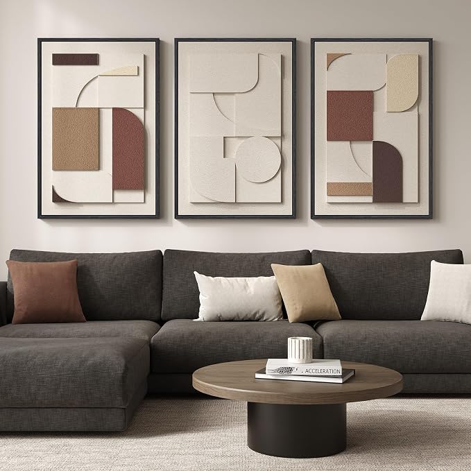3D Textured Large Framed Neutral Abstract Wall Art for Living Room, 3 Piece | Wood Frames, Brown and Cream Sandstone Paintings, Modern Artwork for Walls, Geometric Sculptural Pictures Wall Decor Bedroom - Image 2