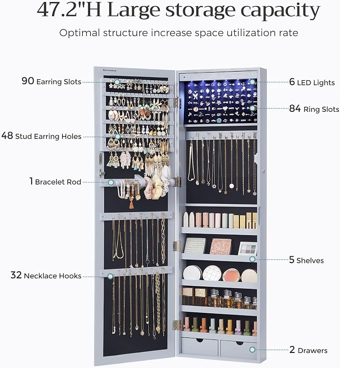 SONGMICS 6 LEDs Mirror Jewelry Cabinet, 47.2-Inch Tall, Lockable - Image 5