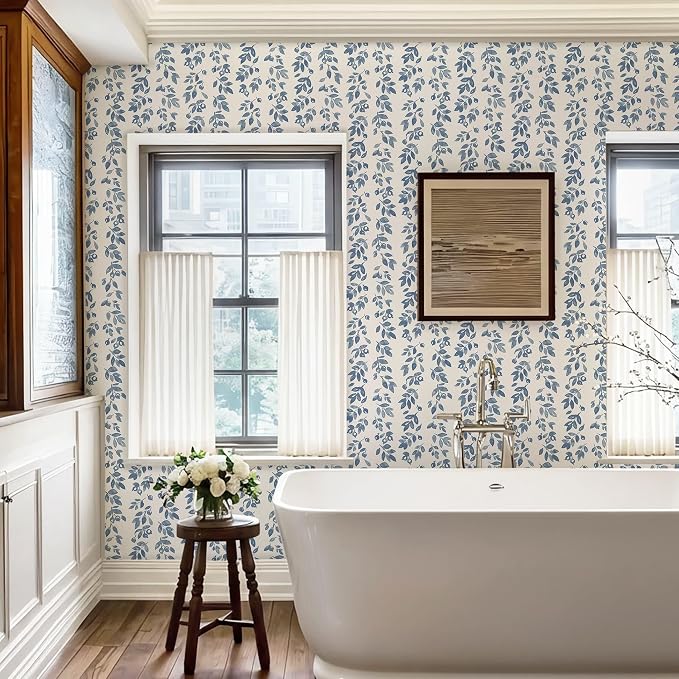 Ismoon Blue Wallpaper Peel and Stick Vintage Wallpaper 17.3in x 32.8ft Blue Leaf Contact Paper Vintage Cottage Wall Paper for Bedroom Bathroom Kitchen Nursery Removable Vinyl - Image 3