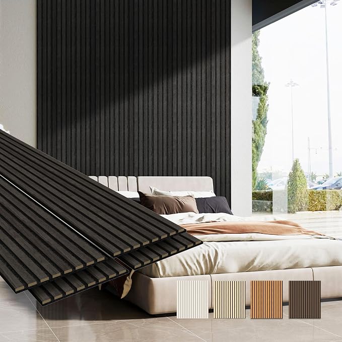 MISSDAY Wood Slat Acoustic Wall Panels, 4 Packs 94.5" x 12.6" Black Soundproof Panel For Interior Wall Decor Noise Absorbing-3D Textured Wooden Panel Sound-Absorbing for Home, Office, Studio by MISSDAY