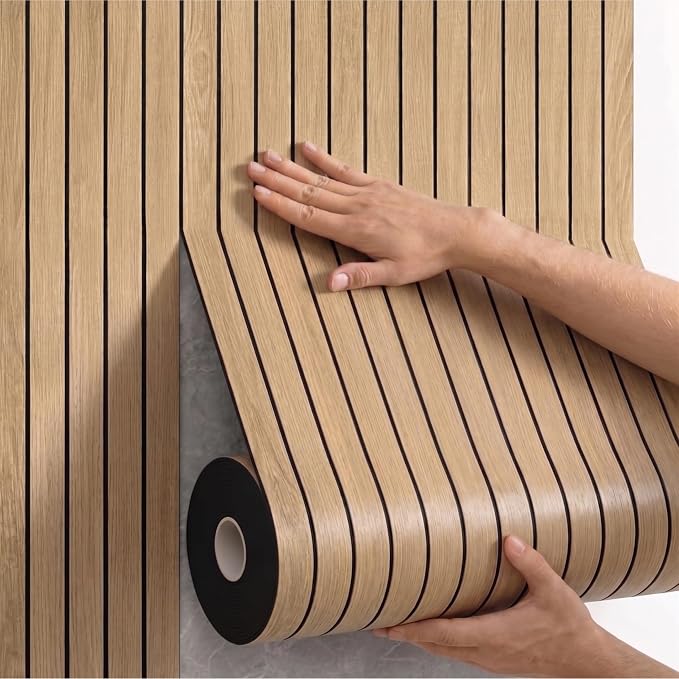 Peel and Stick Wall Panels：Waterproof & Easy to Cut, 236"x15.7" Natural Oak | Self-Adhesive PVC Wood Panels for Interior Walls, Slat Panels 3D Wood Grain Look,Ideal for Living Room, Bedroom & Ceilings by Unknown