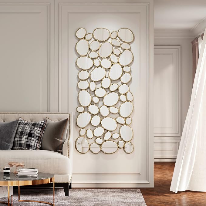 Gold Wall Mirrors Decorative - 51"x23" Large Modern Wall Mirror for Home Decor, 55 Pieces Multi-Size Pebble Design Metal Framed Accent Mirror for Entryway Bedroom Living Room Wall Art Decor - Image 9