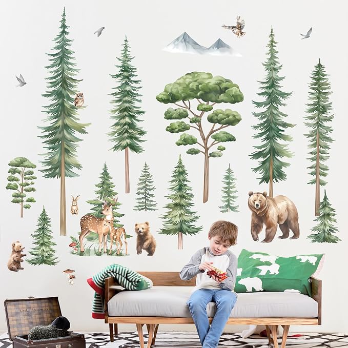 decalmile Pine Tree Woodland Forest Animal Bear Wall Decals Stickers (XL) by decalmile