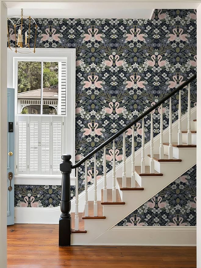 Heroad Vintage Peel and Stick Wallpaper Floral Flamingo Contact Paper Dark Blue William Morris Wall Paper Removable Renter Friendly Wallpaper for Bedroom Nursery Farmhouse Vinyl Rolls 17.3''X 196'' - Image 4