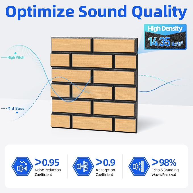 Self-Adhesive Acoustic Panels High Density Sound Proof Foam Panels for Wall | 16 Pack Brick Soundproof Wall Panels, 12" x 12" x 0.4" Sound Dampening Absorbing Panels for Home Studio Decor Office - Oak - Image 3