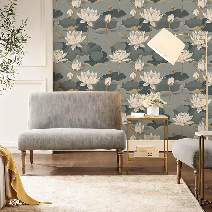 Lotus Flower Peel and Stick Wallpaper, Elegant Asian Botanical Water Lily Design (Gray-Green) Classic Plants for Home Decor | 17.7" x 236", Self-Adhesive, Waterproof Vinyl - Image 8