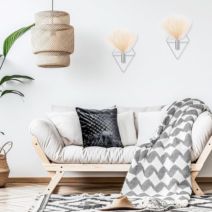 Canlierr 2 Pcs Hanging Planters Wall Decor for Indoor, Metal Vase | Artificial Plants Included Pampas Grass, Geometric Boho Wall Art, Bathroom Bedroom Living Room Decor, Metal Holders - Image 7