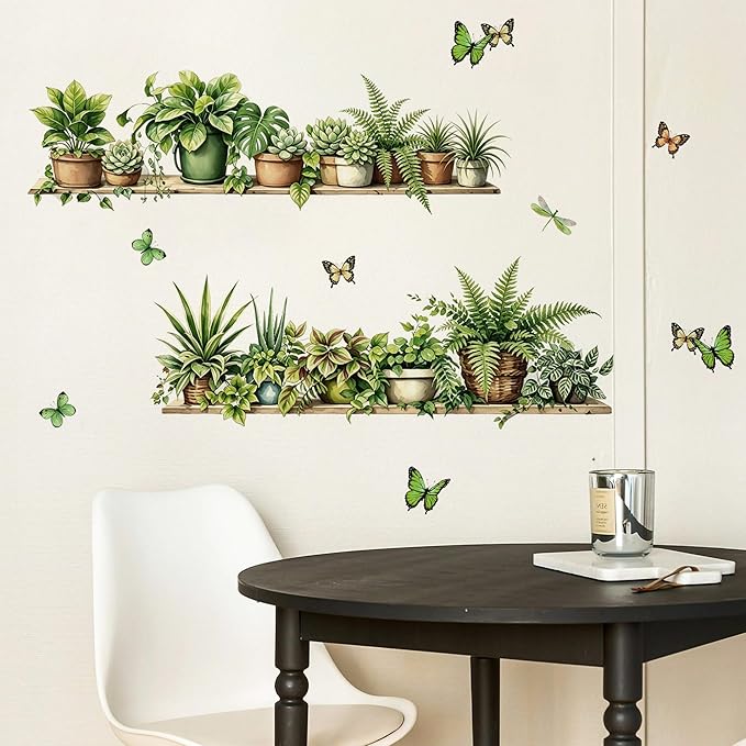 3D Green Potted Plant Wall Decals - Tropical Butterfly Leaves Vinyl Wall Stickers, Peel and Stick, Removable, Wall Art - for Living Room, Bedroom, Tv Background, Home Office, and Wall Mural by Frzflv