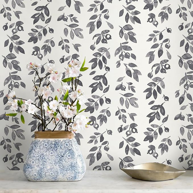 Ismoon Grey Wallpaper Peel and Stick Vintage Wallpaper 17.3in x 16.4ft Dark Grey Leaf Contact Paper Vintage Cottage Wall Paper for Bedroom Bathroom Kitchen Nursery Removable Vinyl by Ismoon