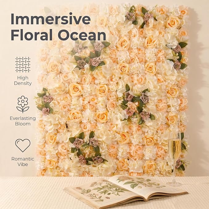 Flower Wall Backdrop, 12 Panels, 16.5x16.5 Inch, Champagne Rose | 3D design, realistic look, Seamless Design,eco-friendly,easy to assemble,reusable,.Suitable for weddings,Party,home décor - Image 4