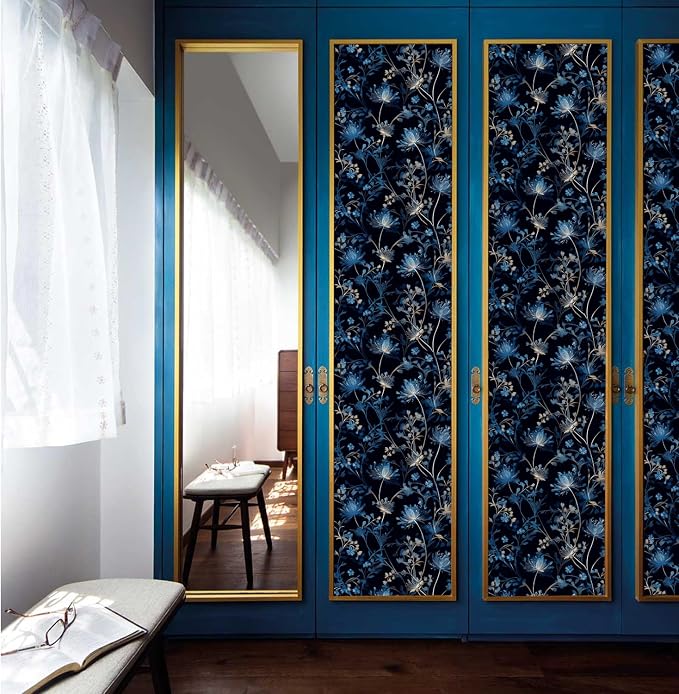 Navy Blue Floral Peel and Stick Wallpaper Dark Botanical Wallpaper | Removable Contact Paper Teal Blue Self-Adhesive Wall Paper for Bedroom Bathroom Kitchen Accent Wall Waterproof 17.7" x 118" - Image 4