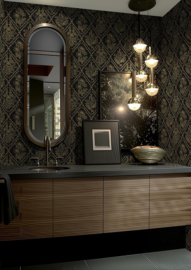 Toduso Peel and Stick Wallpaper Vintage Wall Paper Boho Contact Paper Black and Gold Floral Removable Wallpaper for Bathroom Bedroom Flower Waterproof Self Adhesive Vinyl Drawer Decor 17.3"x393.7" - Image 2