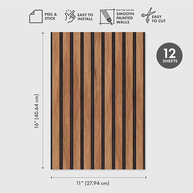 Main Street Peel and Stick Wallpaper Sheets, Wood Slat Panel, 12-Pack | 11 x 16 in sheet size; Covers up to 14.67 sq ft; Eco-friendly paper material; No paste or additional adhesive required - Image 2