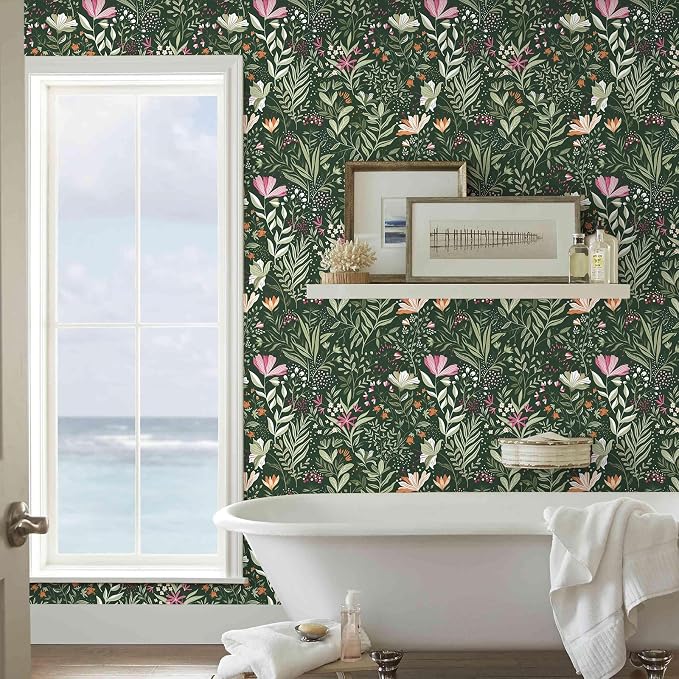 Fititem Green Floral Peel and Stick Wallpaper Boho Dark Vintage 17.3”×787” | Floral Self Adhesive Contact Paper Botanical Nature Removable Wildflower Wallpaper Waterproof Wallpaper for Bathroom Bedroom - Image 2