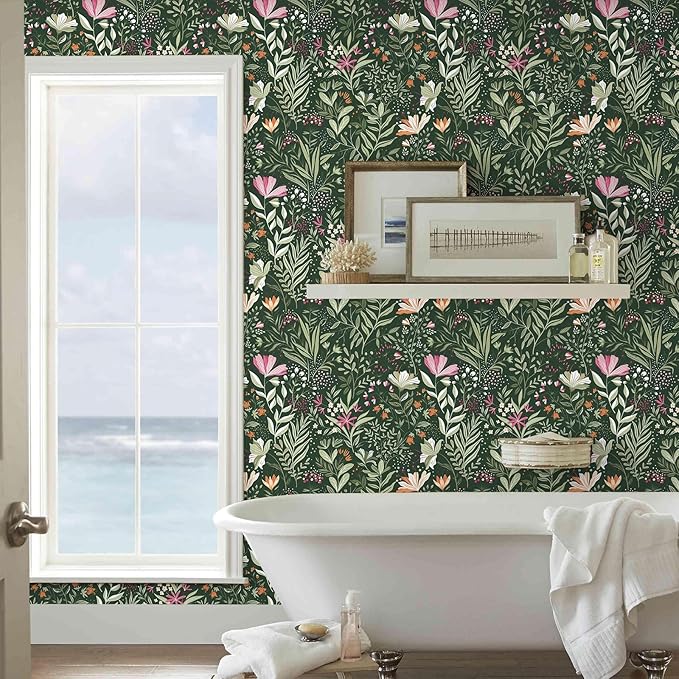 Fititem Green Floral Peel and Stick Wallpaper Boho Dark Vintage 17.3”×591” | Floral Self Adhesive Contact Paper Botanical Nature Removable Wildflower Wallpaper Waterproof Wallpaper for Bathroom Bedroom - Image 2