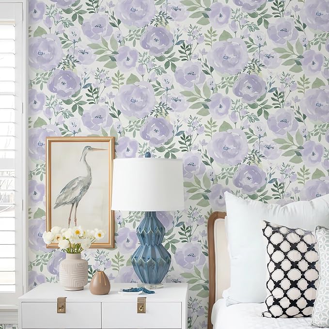 Orainege Floral Wallpaper Peel and Stick Wallpaper Floral Contact Paper | 16.9in x196.8in Boho Peony Self Adhesive Removable Wall paper for Bedroom Living Room Decor Vinyl, Purple - Image 7