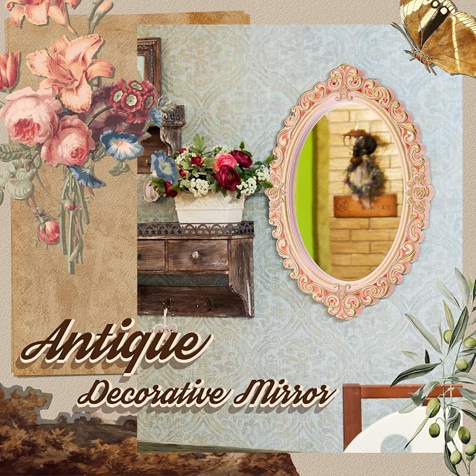 Beeveer 3 Style Vintage Mirrors Set Decorative Oval Wall Mirror Small Antique Mirrored Tray Decorative Hanging Mirror for Bathroom Bedroom Jewelry Organizer Victorian Decor (Shield,Pink) - Image 6