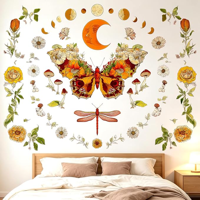 Vintage Moth Moon Phase Mushroom Floral Flower Boho Wall Decals Decor Art | Vintage boho earth tone wildflowers peel and stick removable vinyl wall stickers for living room bedroom office - Image 4