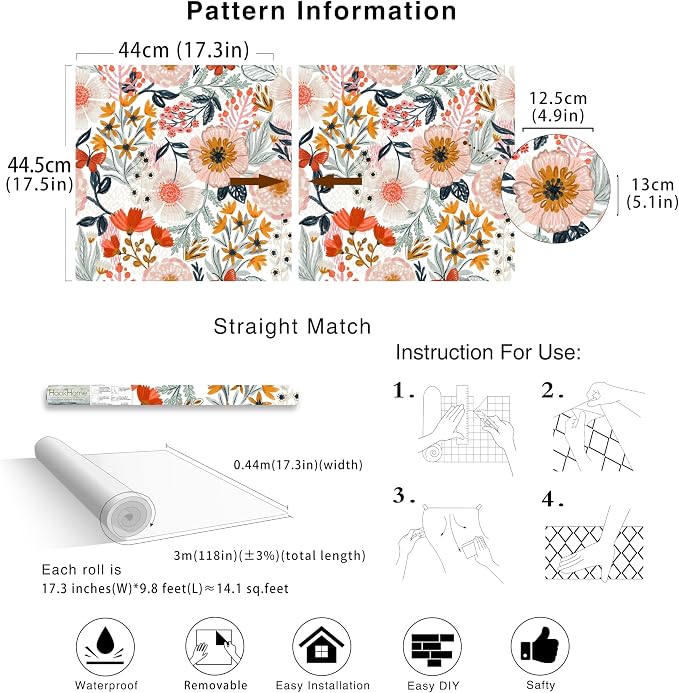 HAOKHOME Floral Peel and Stick Wallpaper Boho Pink Botanical Wall Paper | Modern Textured Colorful Contact Paper Renter Friendly Removable White Orange Flower Bathroom Bedroom Nursery 17.3in x 9.8ft - Image 7