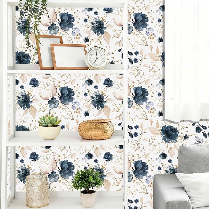 Navy Blue Floral Peel and Stick Wallpaper 17.7"x78.8" | Removable thick vinyl, watercolor botanical design, laundry room, bedroom, bathroom, renter friendly accent walls - Image 6