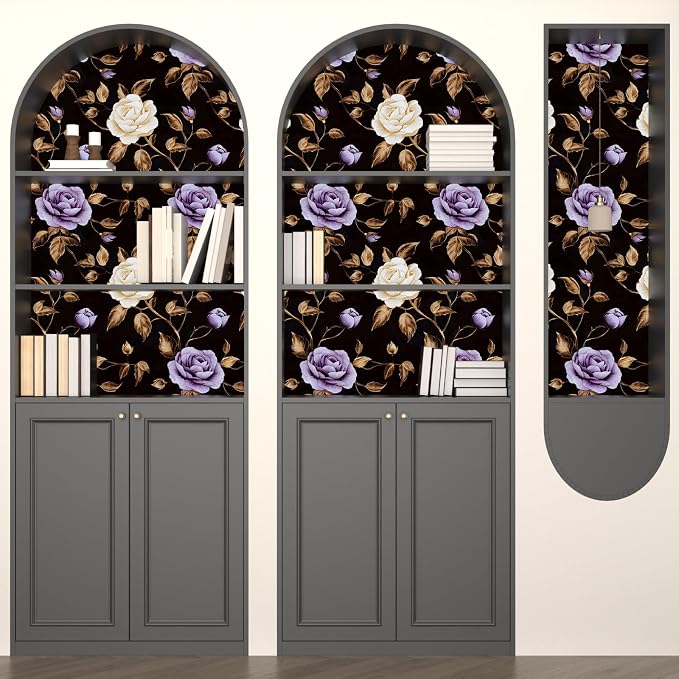 Laatse Dark Purple Gold Rose Floral Wallpaper Peel and Stick 17.5''x393'' | Self Adhesive/Removable/Waterproof/Thick Vinyl Contact Paper for Bathroom Bedroom Shelf Cabinet Drawer,Prepasted,Easy Peel - Image 3