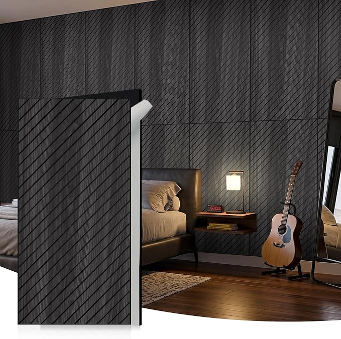WoveN SounD Acoustic Wall Panels, Black Oak, 10 Pack, 47.2x23.6 in | Self-Adhesive, Peel and Stick, NRC 0.95, Premium Sound, Echo Proof, Slat Decor, Studio, Home, Office, Media Room by WovenSound