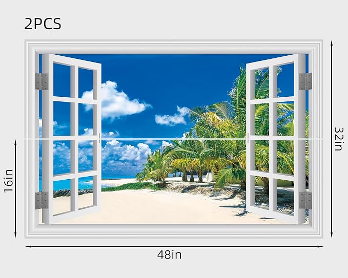FLFK Fake Window Wall Sticker, White Frame Tropical Beach Scene, Peel and Stick Removable Wall Decal, Paradise Ocean View with Palm Trees, 48 x 32 Inches, Modern Style, Indoor Use - Image 2